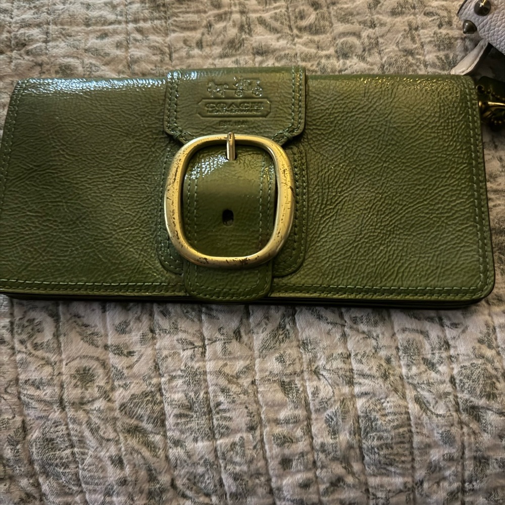 Coach Olive Green Leather Wallet with Gold Buckle